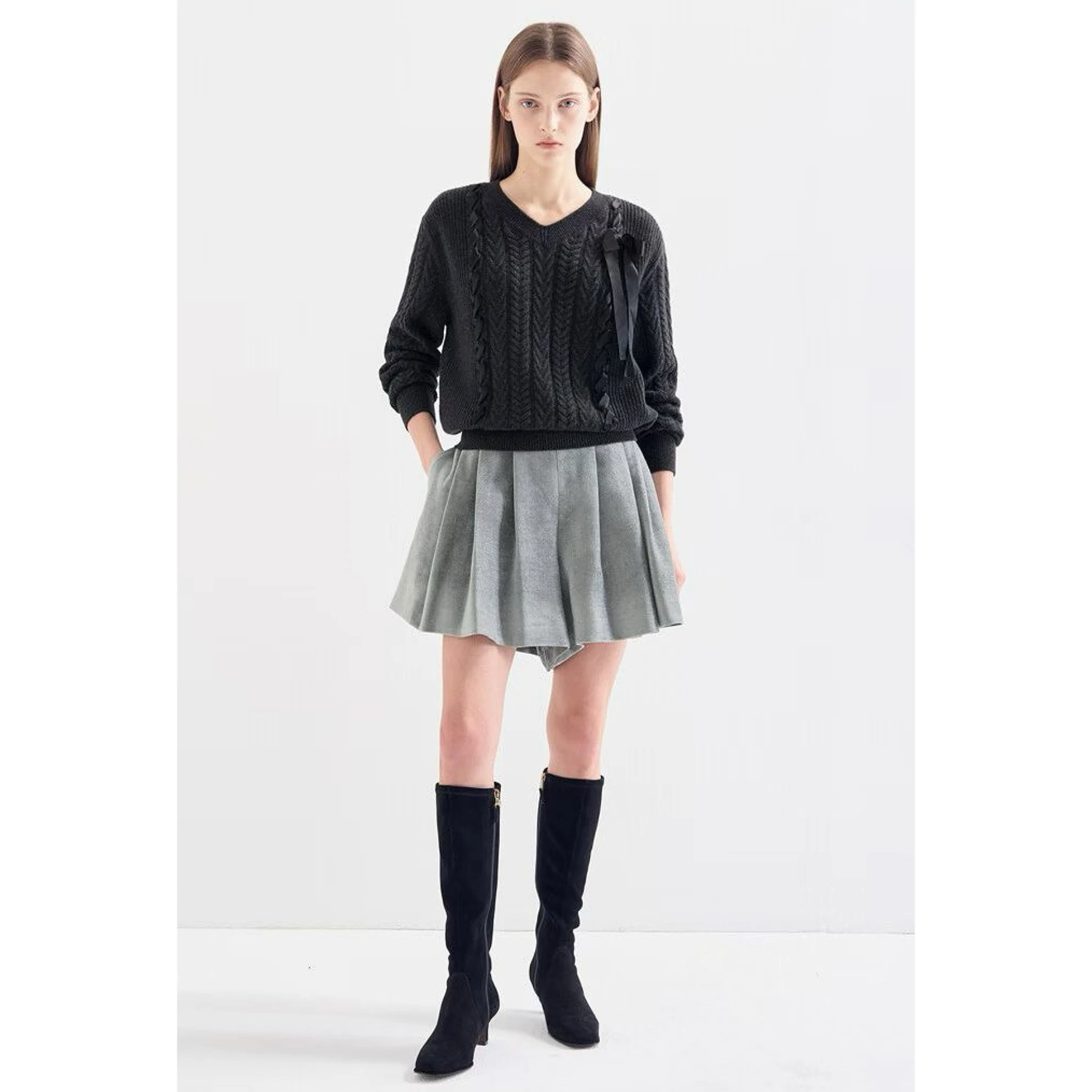 

Sweet Anti-Aging Lemon Cheese Knitted Wool Sweater with Knot Hollow out round Ne Loose Fit Long Sve V-Ne Swe...