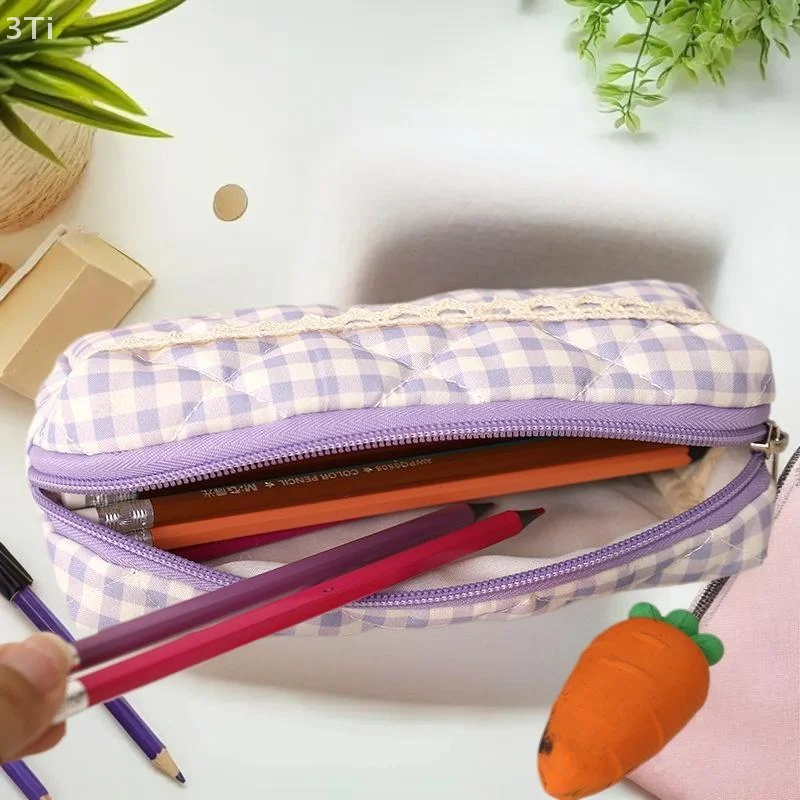 Girlish Cosmetic Bag Gift, Large Capacity, Portable and Lightweight, Plaid Lace Pencil Case, Simple School Supplies Storage Bag