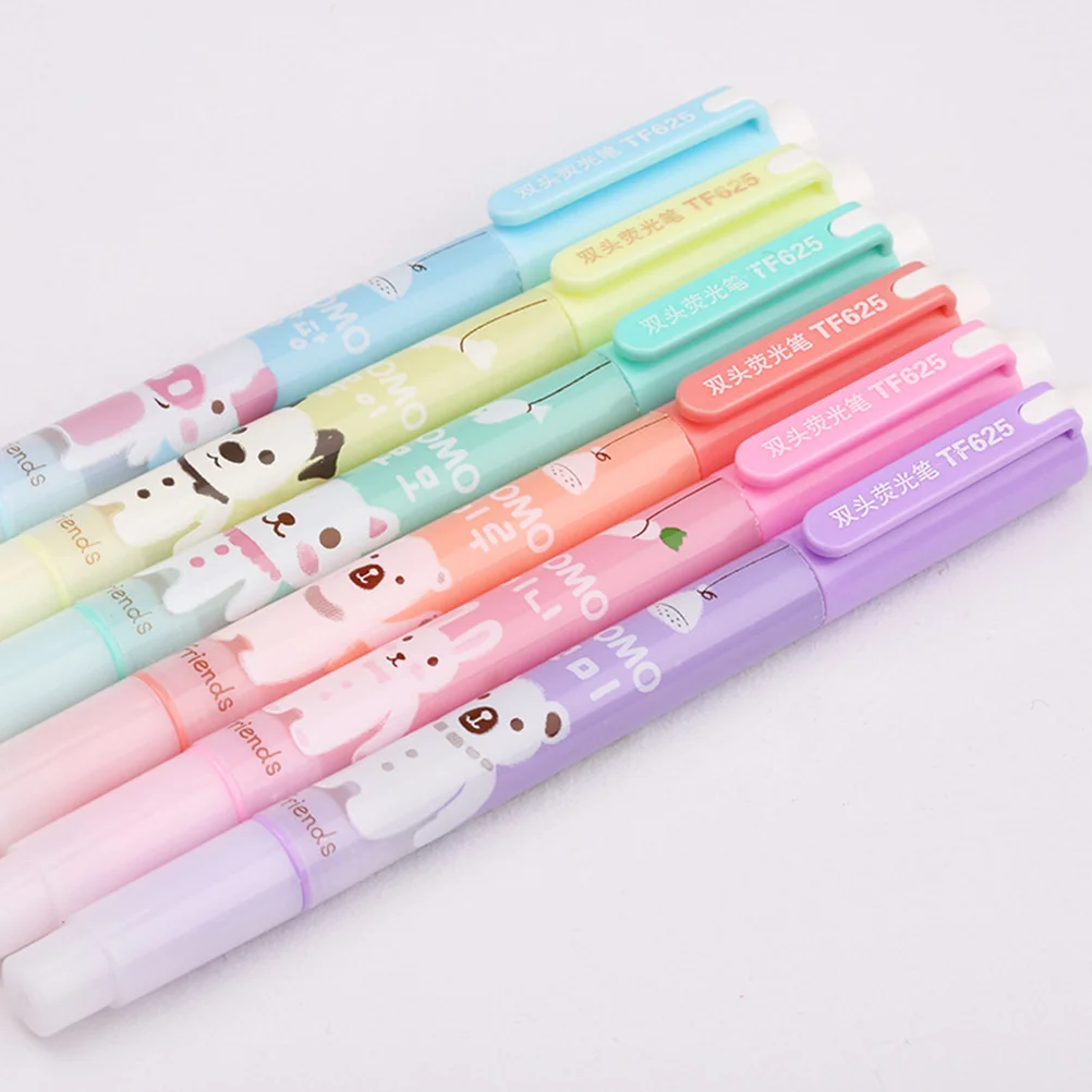 

6 шт. двусторонние флуоресцентные маркеры с мультяшным рисунком, гладкий маркер для письма для школы, офиса, канцелярские принадлежности