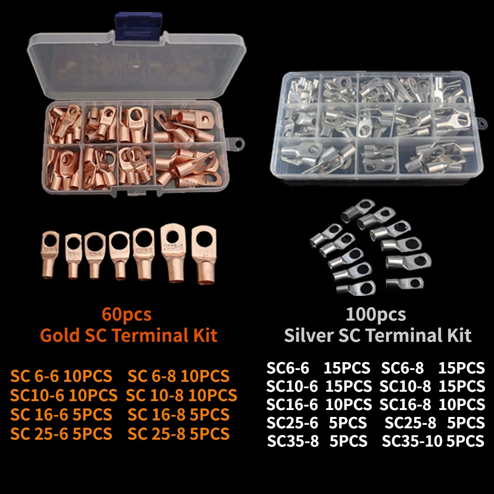 60/100pcs SC Series Terminals Kit Copper Gold Silver Battery Wire Connectors Bare Cable Crimped Soldered Terminal Blocks Kit