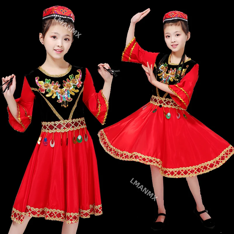 ملابس الأقليات العرقية للأطفال، التنانير القصيرة للفتيات، أزياء أداء الرقص الأويغوري