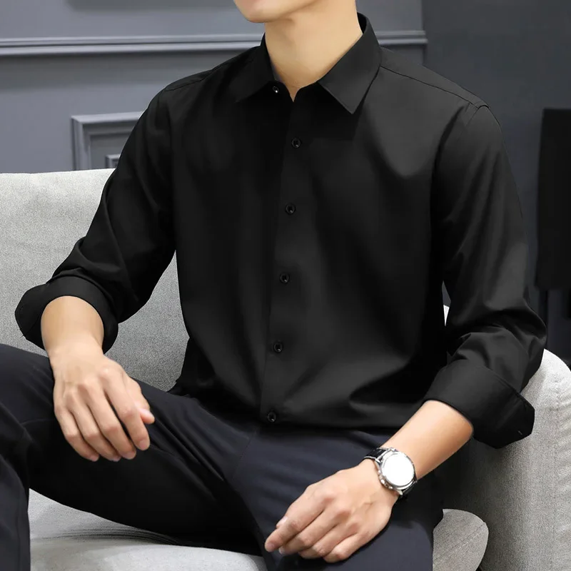 Neues, langärmliges, einfarbiges Business-Casual-Hemd für Herren, knitterfrei, knitterfrei, bequem, vielseitiges Oberteil für die ganze Saison