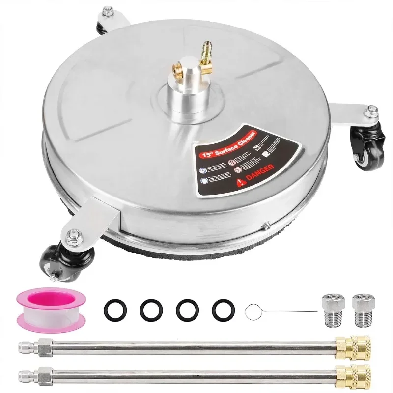 منظف أسطح من الفولاذ المقاوم للصدأ لغسالة الضغط مقاس 15 بوصة مع 3 عجلات وموصل سريع 1/4 بوصة، مرفق لغسالة الطاقة