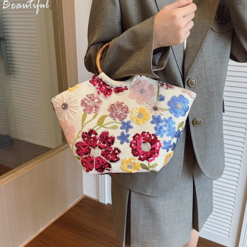 

Fashion Flower Sequins Embroidery Large Tote Bag Round Rattan Handle Women Handbag Casual Summer Beach Bags for Vacation&holiday