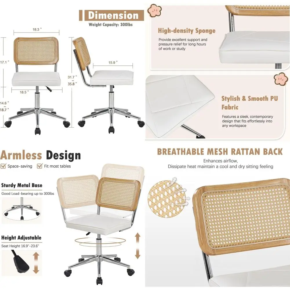 

Регулируемая высота 360° ° Вращающееся офисное кресло без подлокотников на колесиках с ротанговой спинкой, идеально подходит для дома, спальни, макияжа, гардеробных.