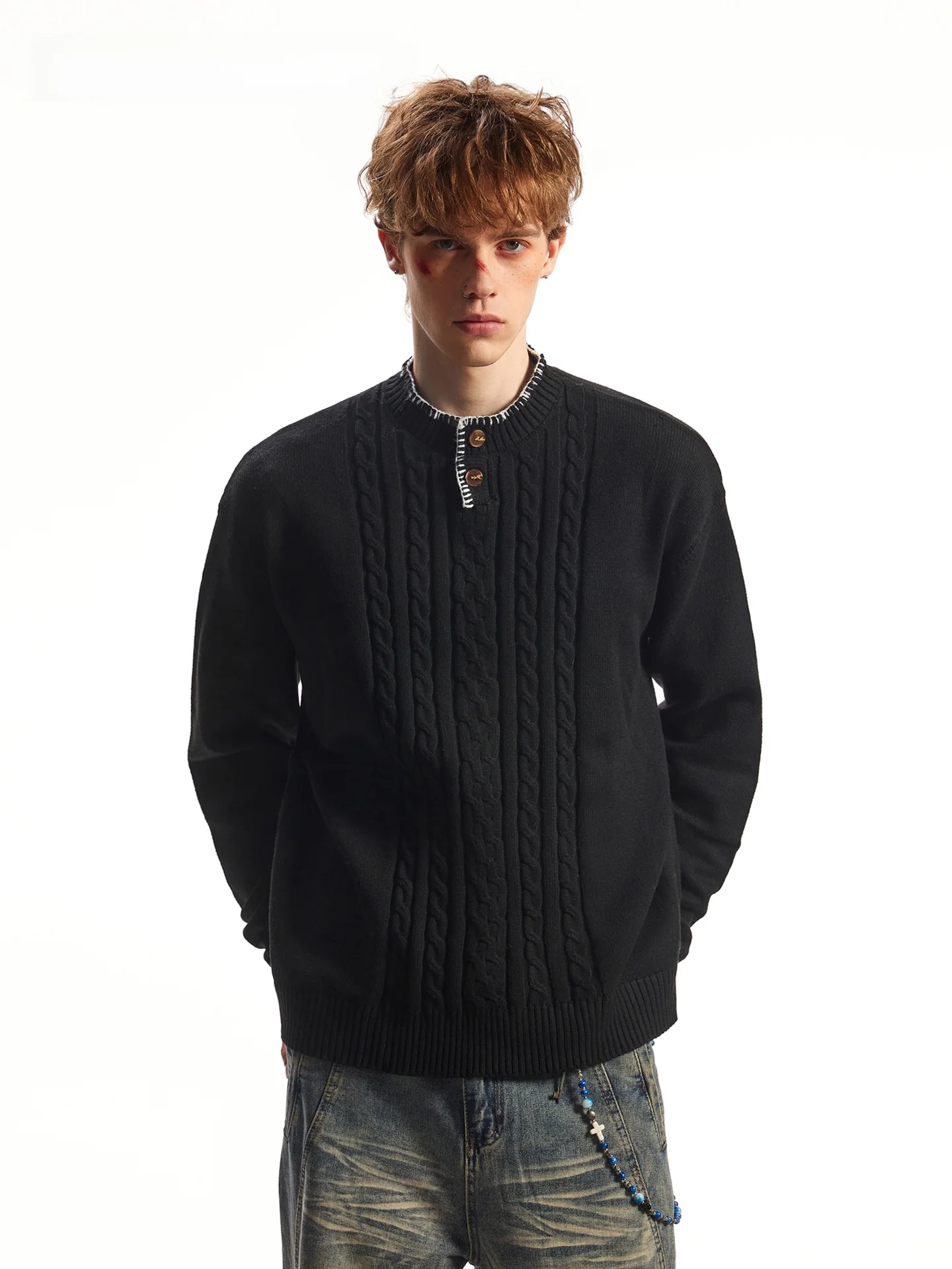 SDMADE American Retro Striped Henry Collar Sweater Men Women Autumn Winter Vintage Knitted Long Sleeve Warm Top
