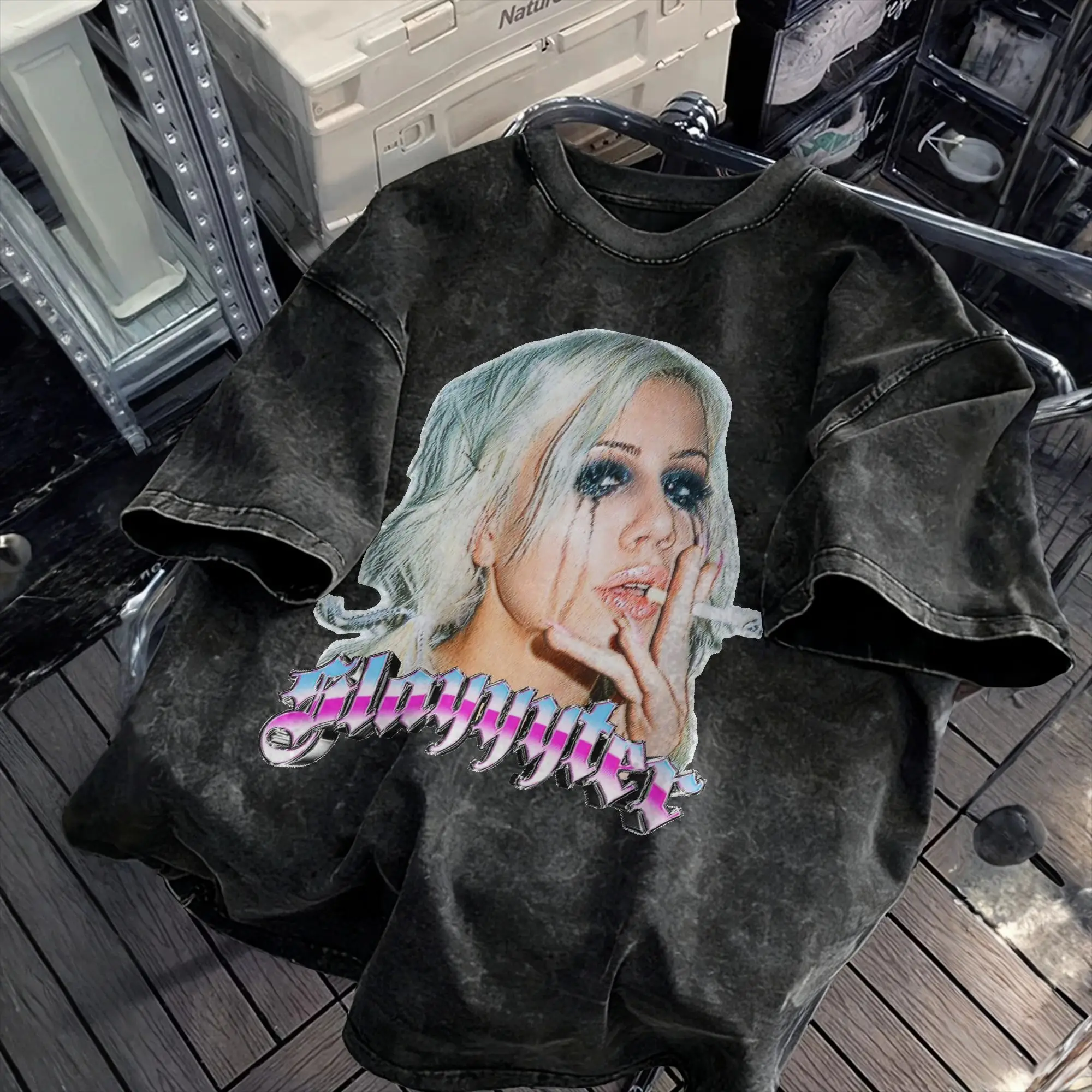 Men T Shirt Slayyyter Face Central Washed T-Shirts Harajuku  Summer Tees Streetwear Pattern Casual Clothes Birthday Present