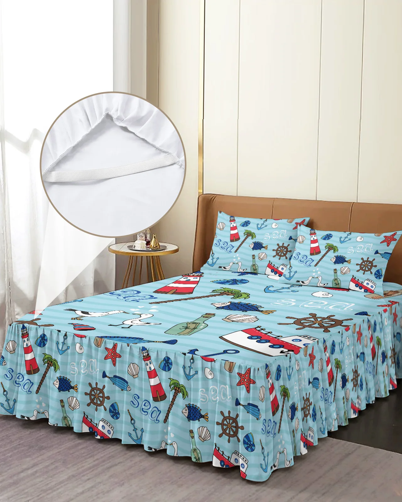 Sea Element Lighthouse Cruise Ship Seagull Bed Skirt Fitted Bedspread With Pillowcases Mattress Cover Bedding Set Bed Sheet