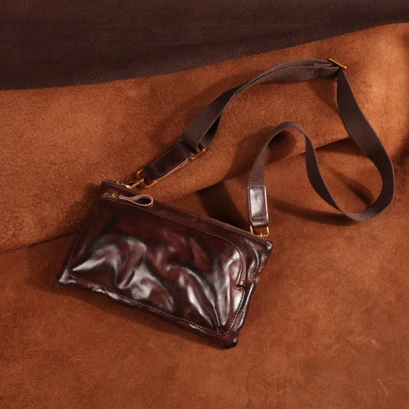 Plant tanned pleated mobile phone containing leather cowhide breast bag man retro motorcycle sling shoulder waist bag