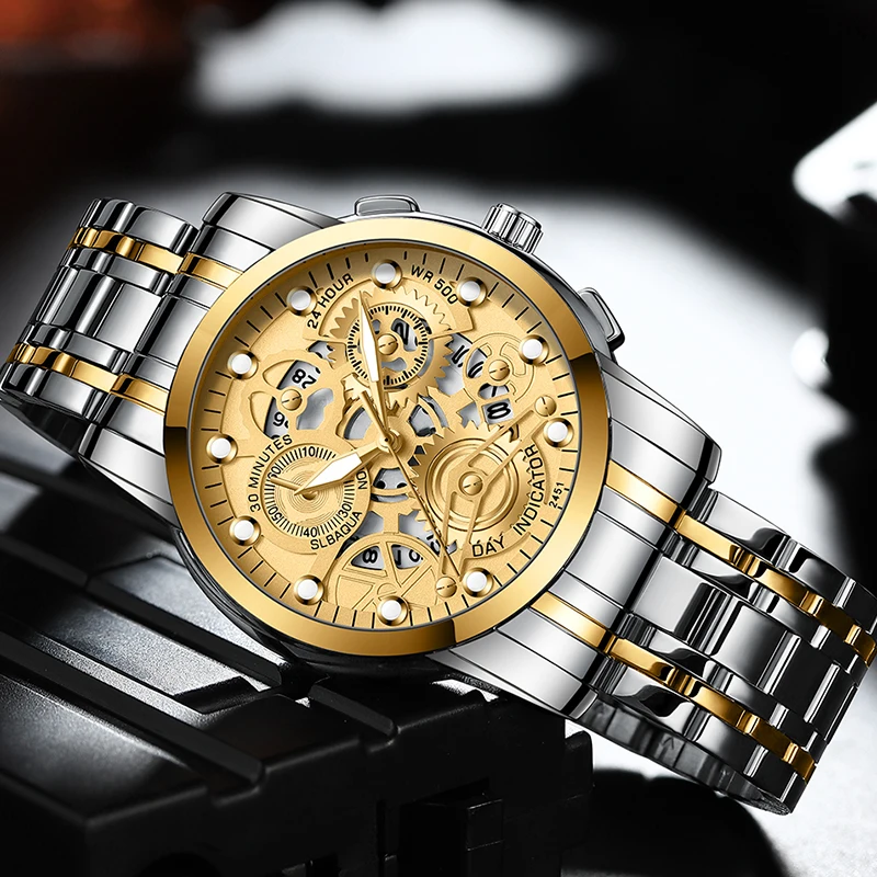 VA VA VOOM 브랜드 남성 시계 41mm 패셔너블한 속이 빈 다이얼 3Bar 방수 블랙 스테인리스 스틸 쿼츠 무브먼트 남성 시계 reloj