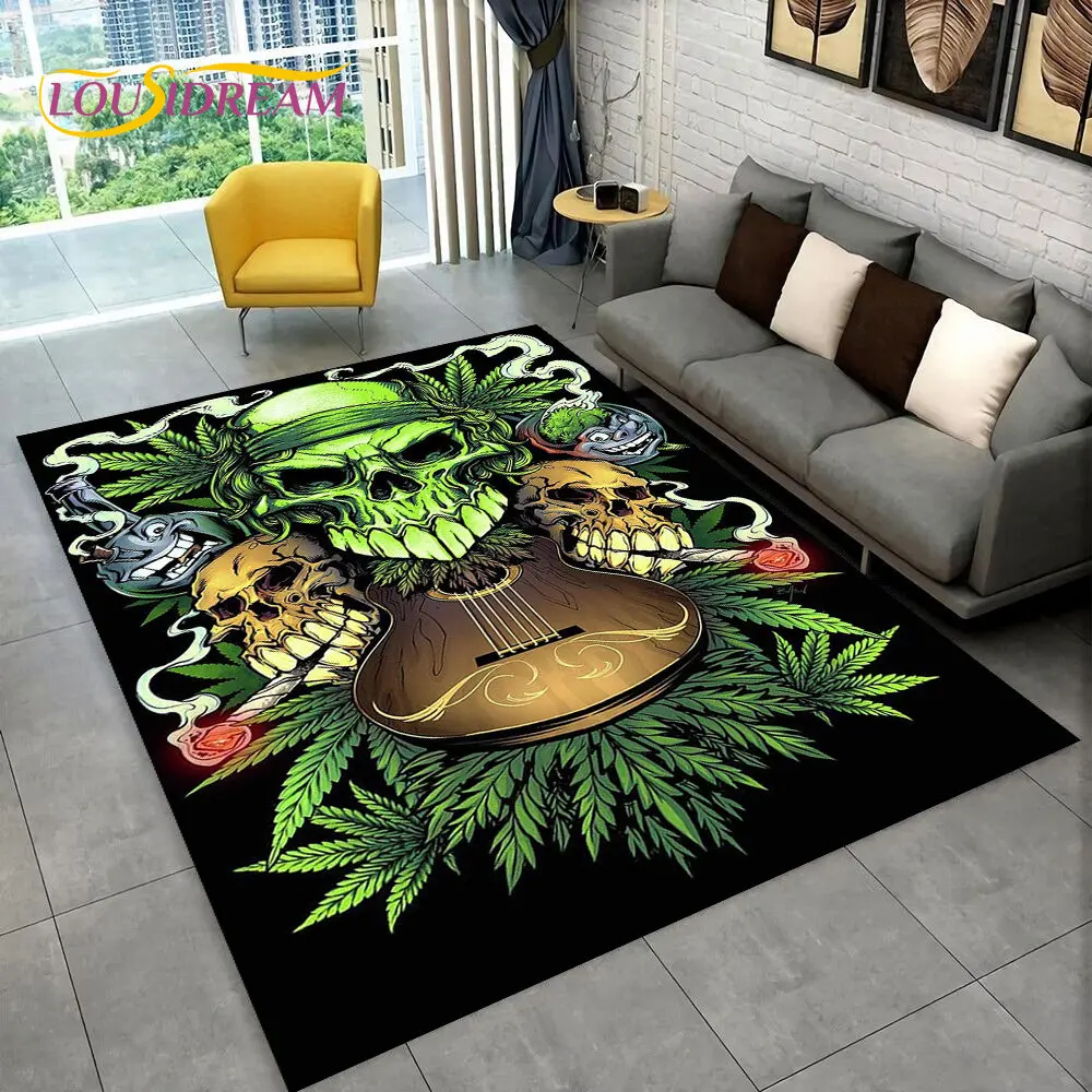 Maple Weed Plants Green Death Skull Area Rug,Carpet Rug for Home Living Room Bedroom Sofa Doormat Decor,kids Non-slip Floor Mat