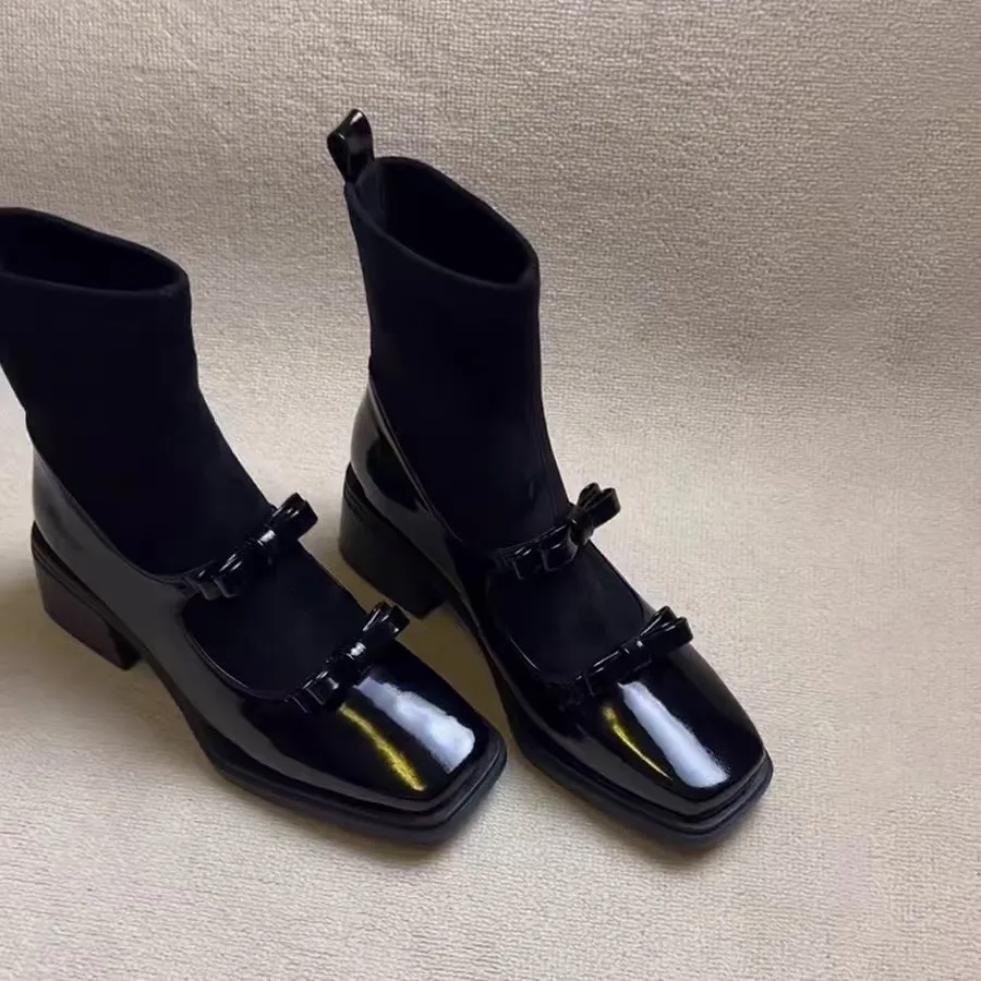 

Ankle Women's Boots High Heels Fashion Bow Shoes Square Toe Designer Winter Boots 2025 New Trend Luxury Chunky Botas De Mujer