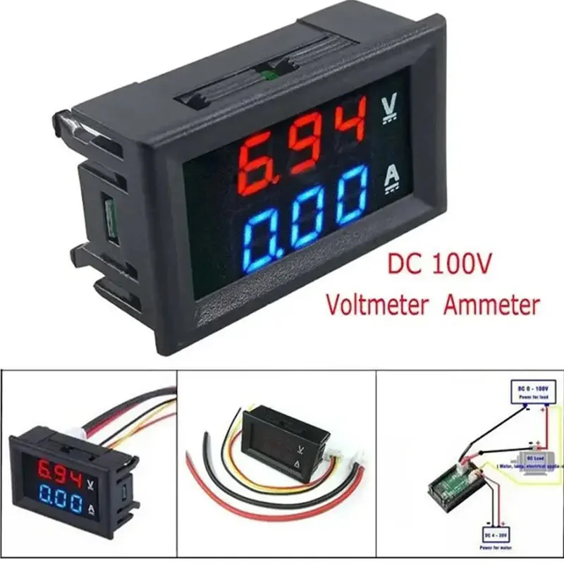 1 SZTUK Cyfrowy woltomierz DC Amperomierz 100V 10A Amper Miernik napięcia i prądu Tester 0,56 cala Podwójny panel wyświetlacza LED z przewodami