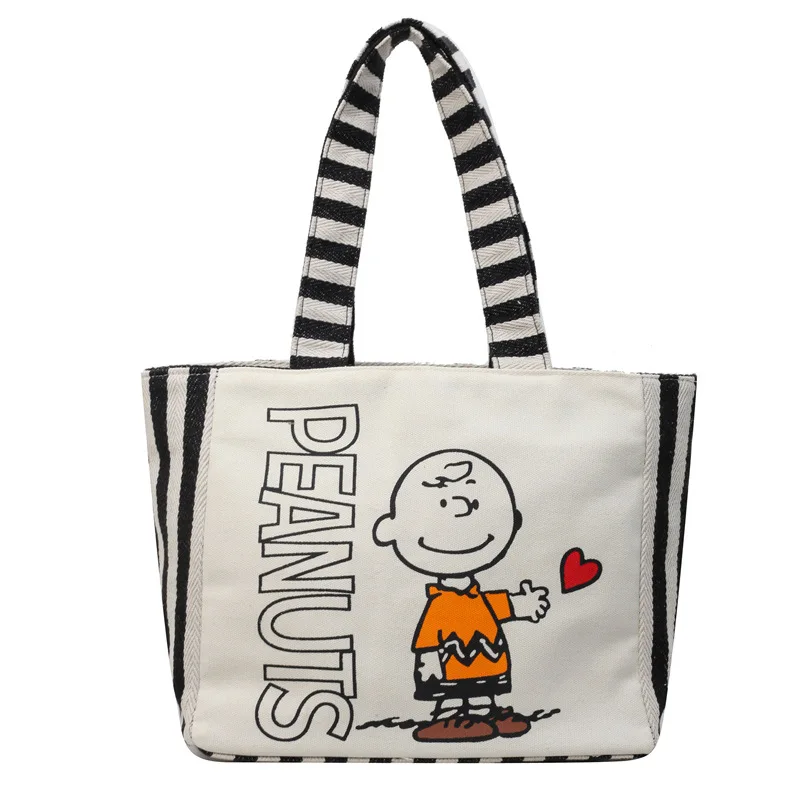 Kawaii Spring and Summer Canvas Bag Women's Large Capacity Snoopy Hand-carrying Bento Shopping Bag Mommy Striped Tote Bag view 5
