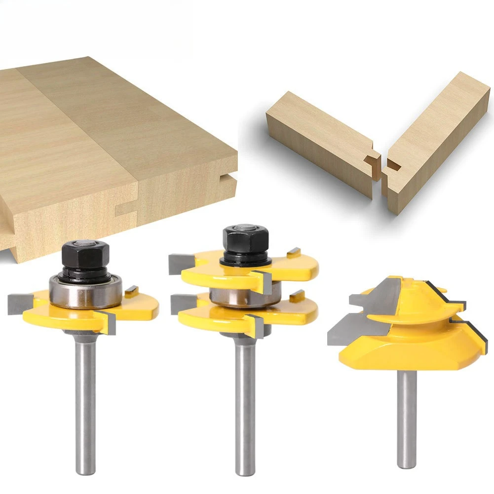 3Pcs Woodworking Router Bit Set with T Shaped 3 Tooth Tenon and 45 Degree Bevel Cutters