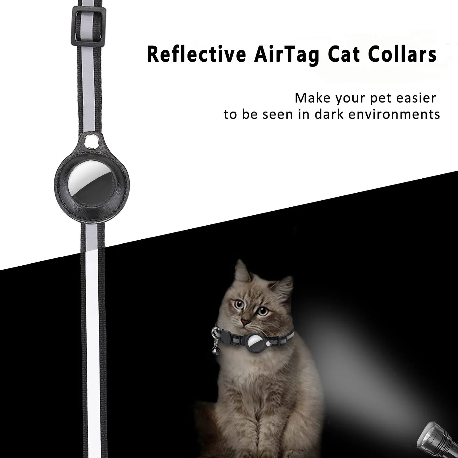 Collar con soporte AirTag para gato, tiras reflectantes separables, Collar ajustable para gatito, Collar impermeable con campana para gato, estuche