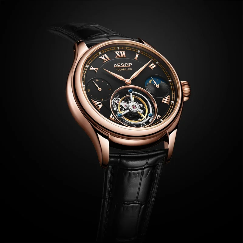 AESOP Tourbillon Men\'s Mechanical Watches Genuine Leather Sapphire Mirror Waterproof Wristwatches Moon Phase Multifunction