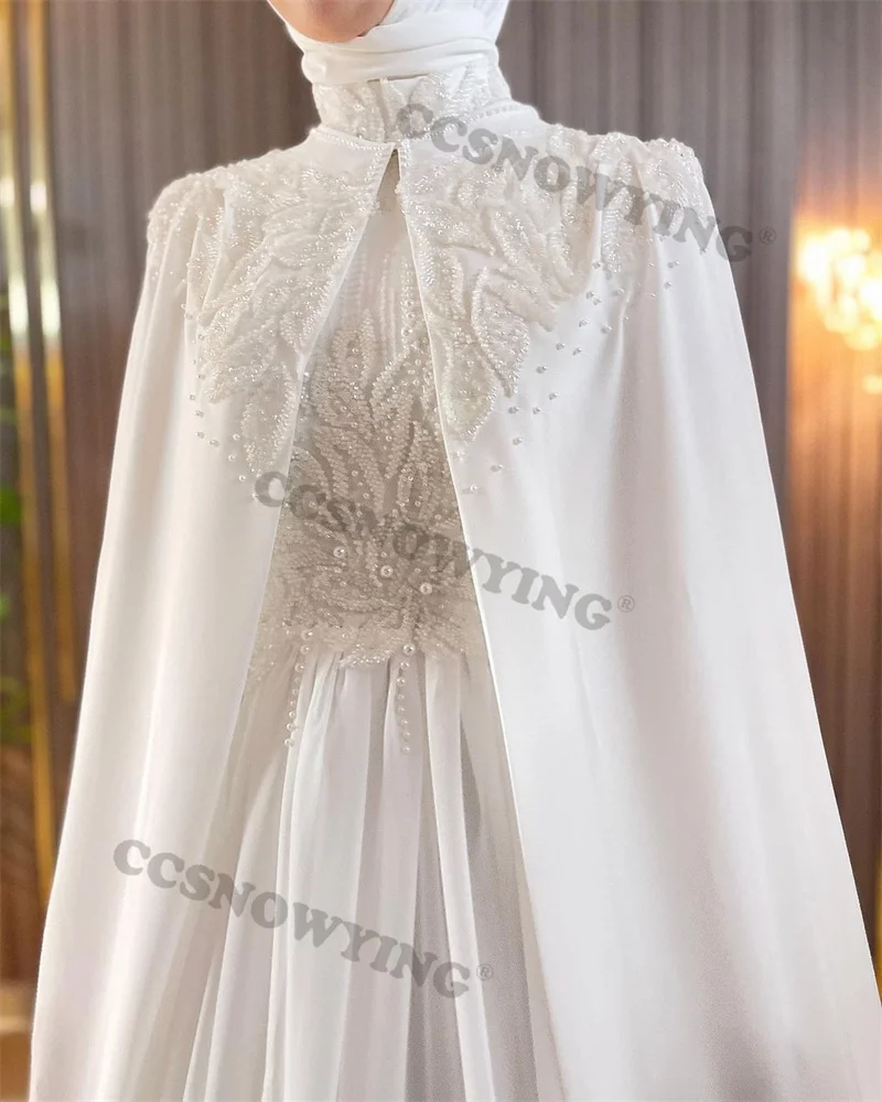 Elegant Satin with Cape Beaded Muslim White Long Sleeve  High Neck with Cape Wedding Dress Prom Dress Formal Occasion Dresses