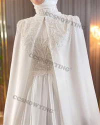 Elegant Satin with Cape Beaded Muslim White Long Sleeve  High Neck with Cape Wedding Dress Prom Dress Formal Occasion Dresses