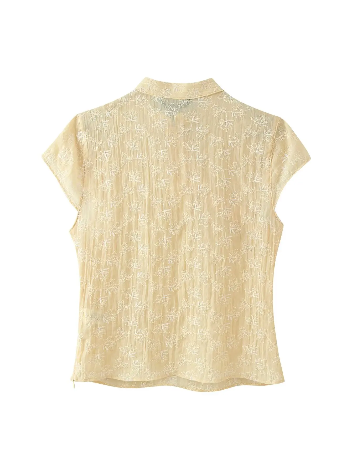 Women Yellow Floral Embroidery Qipao Blouse Mandarin Collar Short Sleeve Slim Fit Chinese Style Top view 2