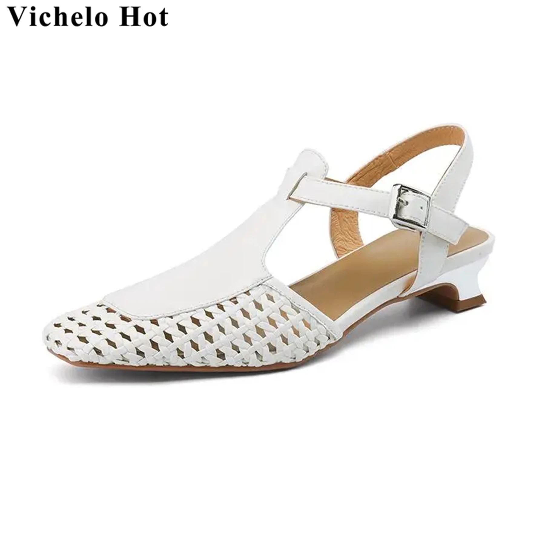 

Vichelo Hot 2024 Cow Leather Buckle Straps Summer Shoes Slingback Chunky Med Heels Wedding Party Shallow Elegant Women Sandals