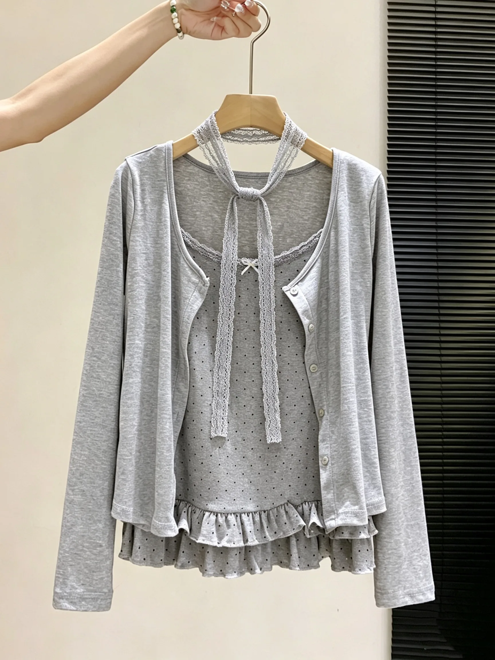 Brown Long Sleeve Open Cardigan Two-Piece Set Women's Lace Neck Hanging Strap Sparkling Atmosphere Sense Top And Bottom Ensemble