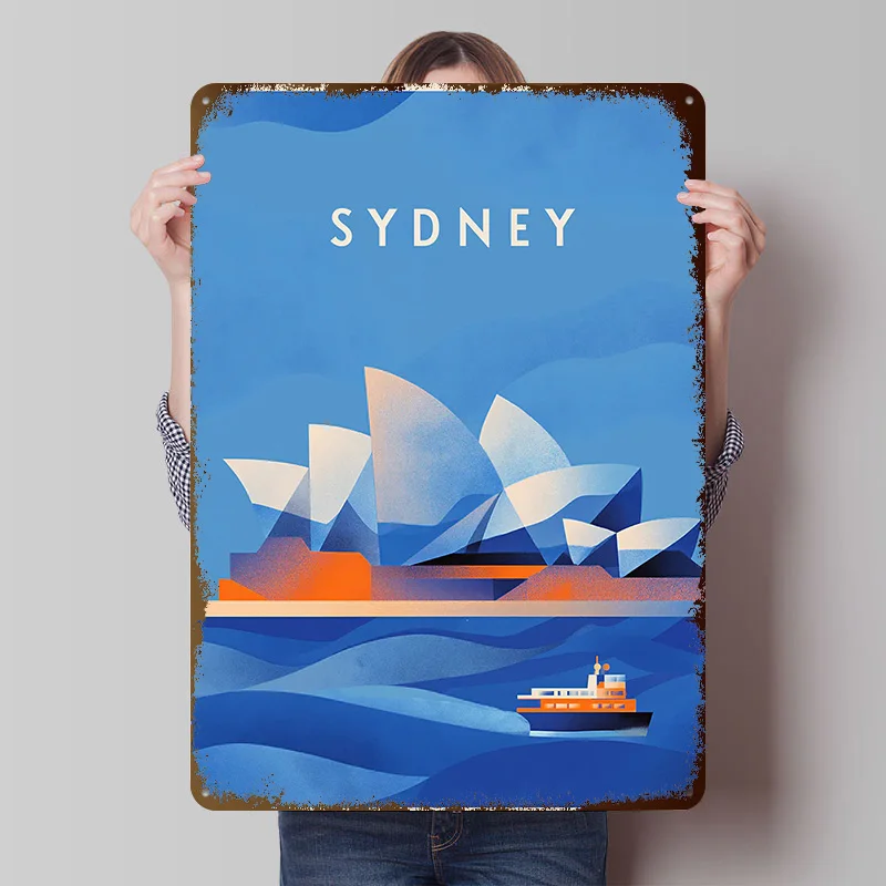 Sydney Opera House Travel Printed Poster Customized Wall Art Retro Vintage Metal Tin Signs for Bedroom Decoration Aesthetic Home