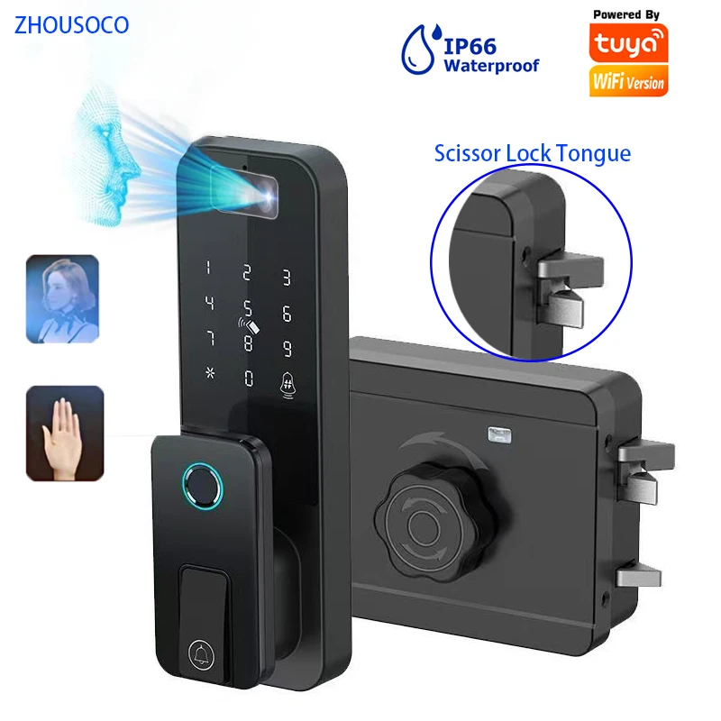 Cerradura Inteligente para Puerta con Reconocimiento Facial y Huella Digital, WiFi Tuya, Impermeable, con Timbre, Batería Recargable, Código de Aplicación, Sin Llave