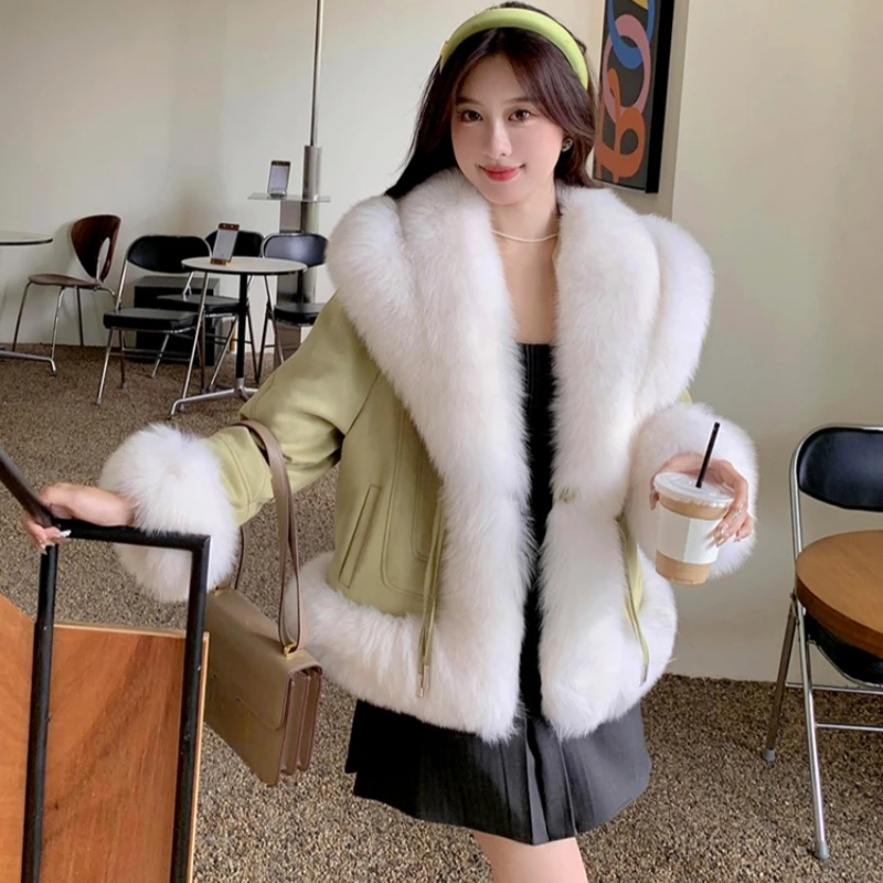 

MENINA BONITA 2023 Winter Women Real Natural Fox Fur Collar Thick Coats White Goose Leather Down Warm Jacket Luxury Streetwear