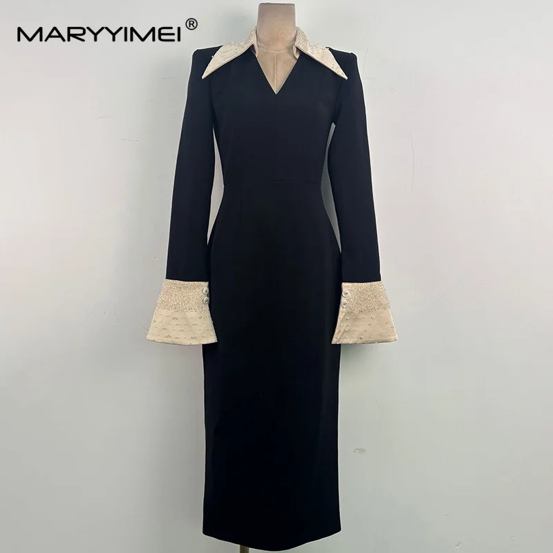 MARYYIMEI Stitched Beads Contrast Color ceremonial Dress Lapel Long Sleeve Waist Long Dress 2026 Summer Women's New Style