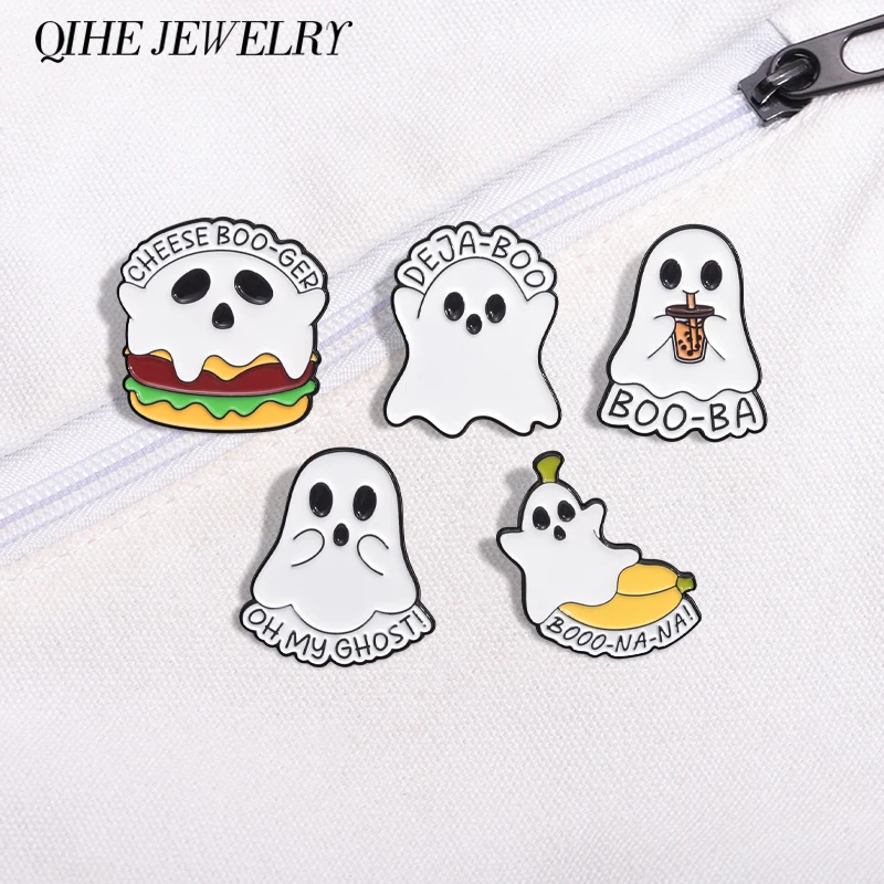 Oh My Ghost Hamburger Boo Cartoon Spooky Enamel Pins Custom Cheese Boo Ger Brooch Backpack Lapel Badges Jewelry Gift for Friends