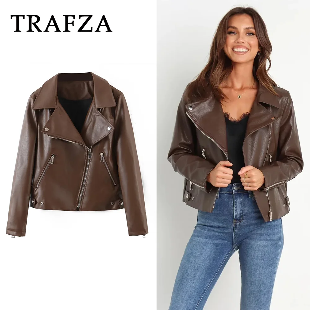 TRAFZA 2023 Women Autumn Casual PU Zippers Jackets Fashion Winter Vintage Solid Straight Coat For Women Streetwear Women Jacket