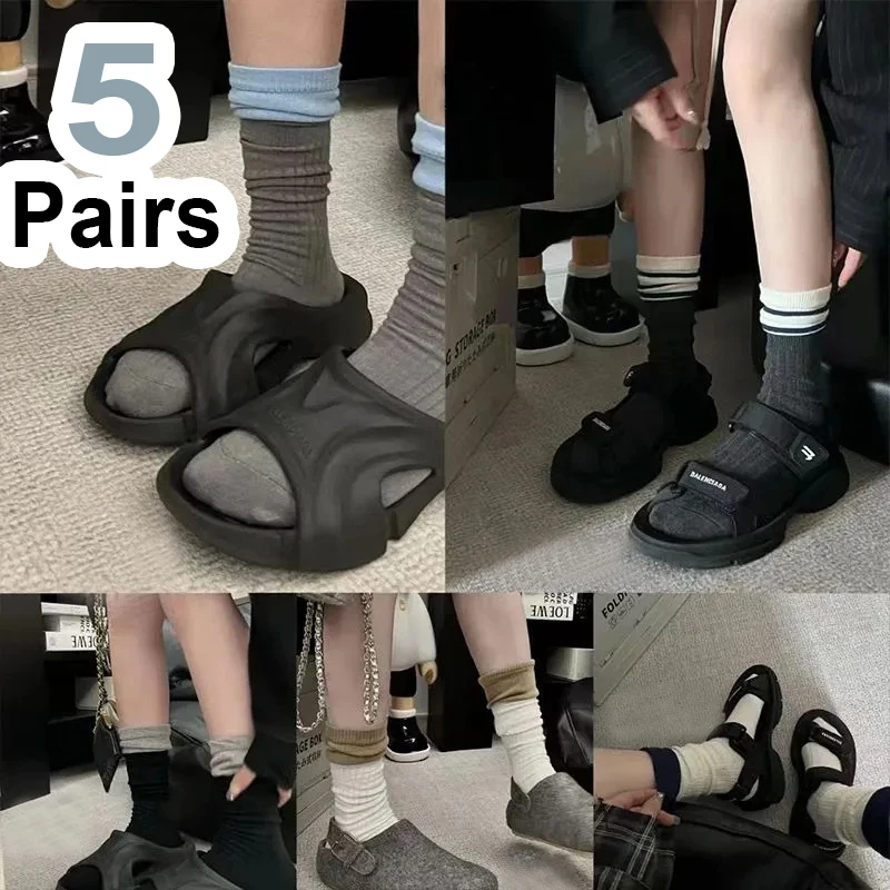 

1/5 пара стильных женских носков средней длины, модные корейские полосатые мягкие удобные впитывающие пот дышащие носки на четыре сезона