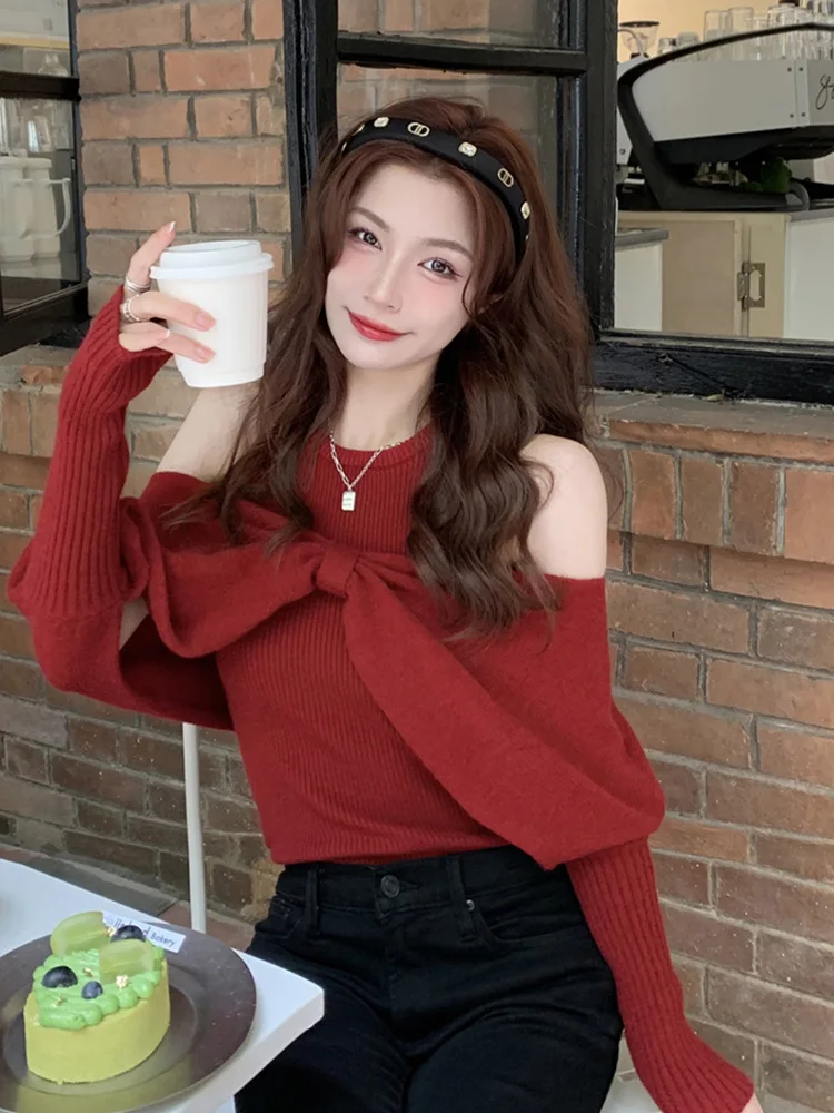 Women\'s Red Pullover Knitted Sweater Elegant Harajuku Y2k Long Sleeves Slim Knit Sweaters Jumper Vintage 2000s Clothes 2024