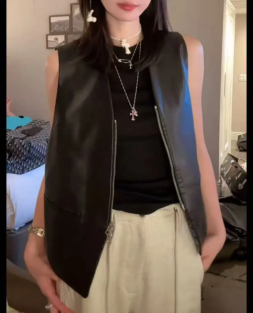 خريف 2025 جديد Sle المرأة Faionable ort جلد طبيعي سترة جلد الغنم Svel سستة إغلاق V-Ne معطف Jaet