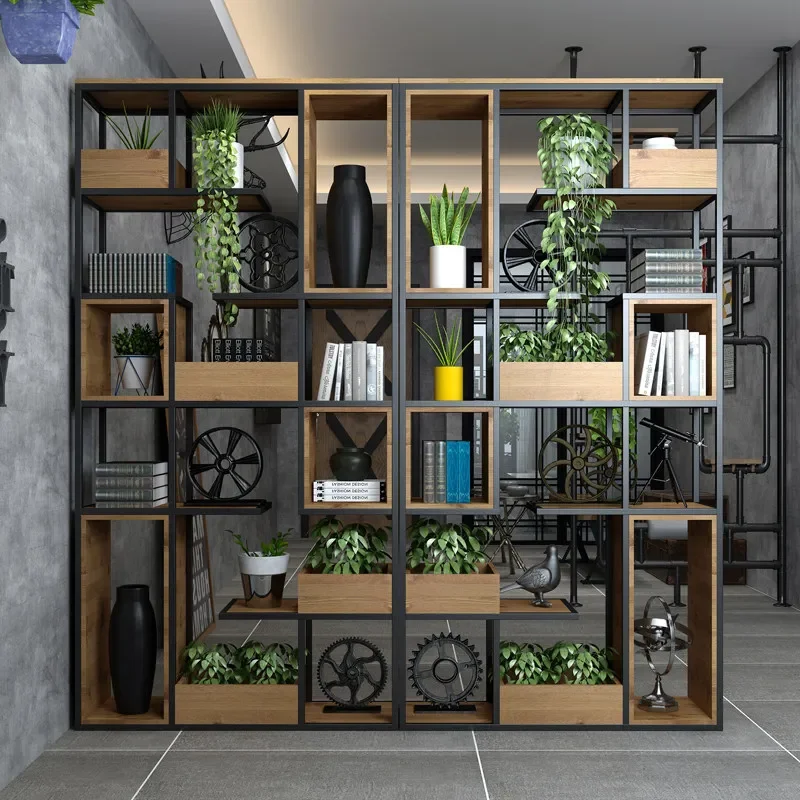 Loft wrought iron shelf floor-to-ceiling multi-layer bookshelf retro creative entrance industrial style bar restaurant