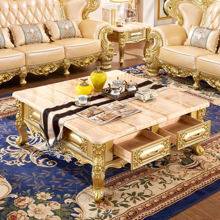 Newest European Luxury Square Coffee Table With TV Cabinet American French Golden Marble Solid Wood Side Table for Livingroom