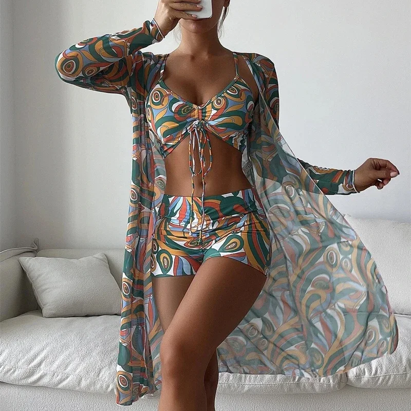 2025 Costume da bagno 3 pezzi delle nuove donne Stampa tie-dyed Tankini + Cappotto lungo in rete Cover Up Costumi da bagno Push Up Pantaloncini a vita alta Costumi da bagno