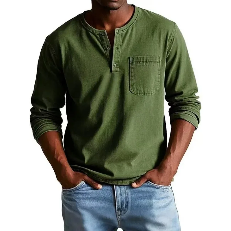 Men Casual Henley Long Sleeve Shirt With Chest Pocket Solid Color Button Placket Loose Daily Wear Tops
