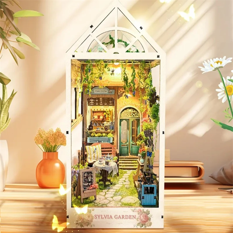 Fai da te Book Nook Kit modello in miniatura in legno cameron Garden Bookend assemblato 3D Puzzle Light Bookshelf Home Decor amici regali