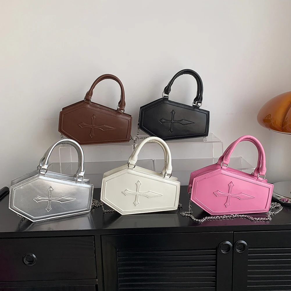 

PU Leather Casual Shoulder Bag Coffin Shaped Women Chains Hobo Bag Top Handle Zipper Large Capacity Solid for Halloween Cosplay