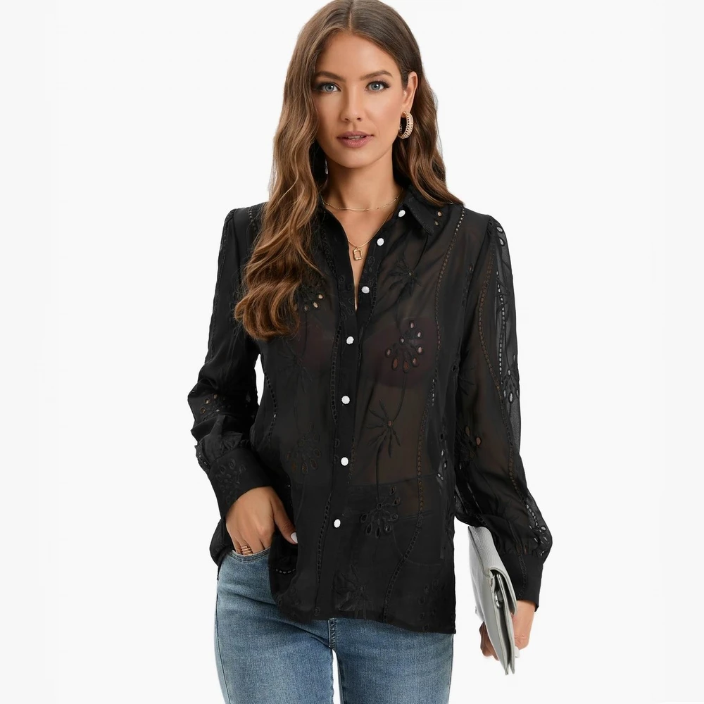 Black Chiffon Shirt Women 2023 New Fashion Transparent Top Wears Preppy Lady Embroidered Lace Blouse