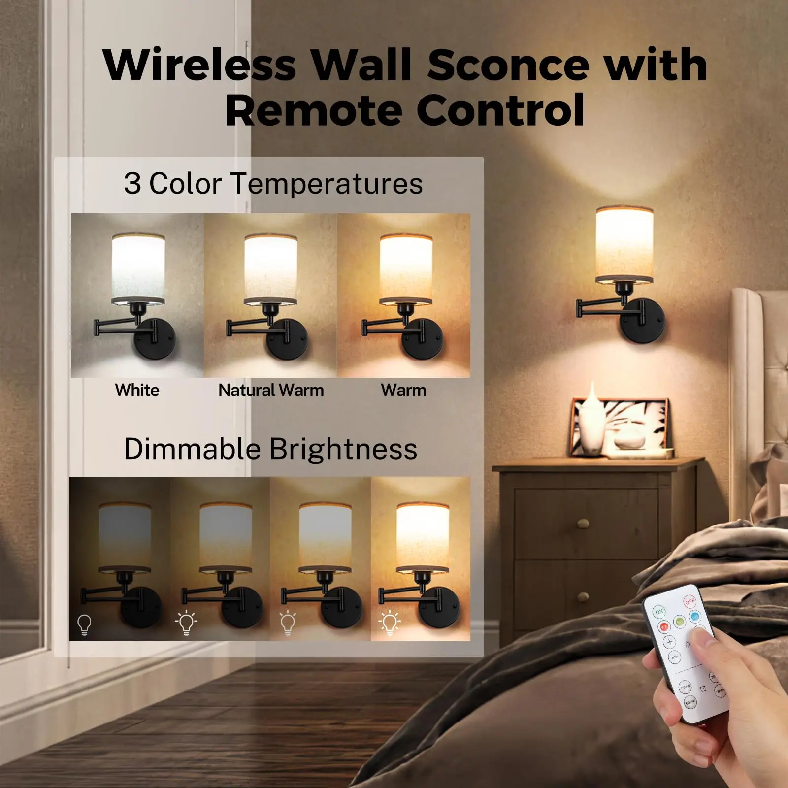 Battery Operated Wall Sconces Set of 2 Swing Arm Wall Sconce No Wiring Dimmable Rechargeable Wireless Wall Lamp for Bedroom