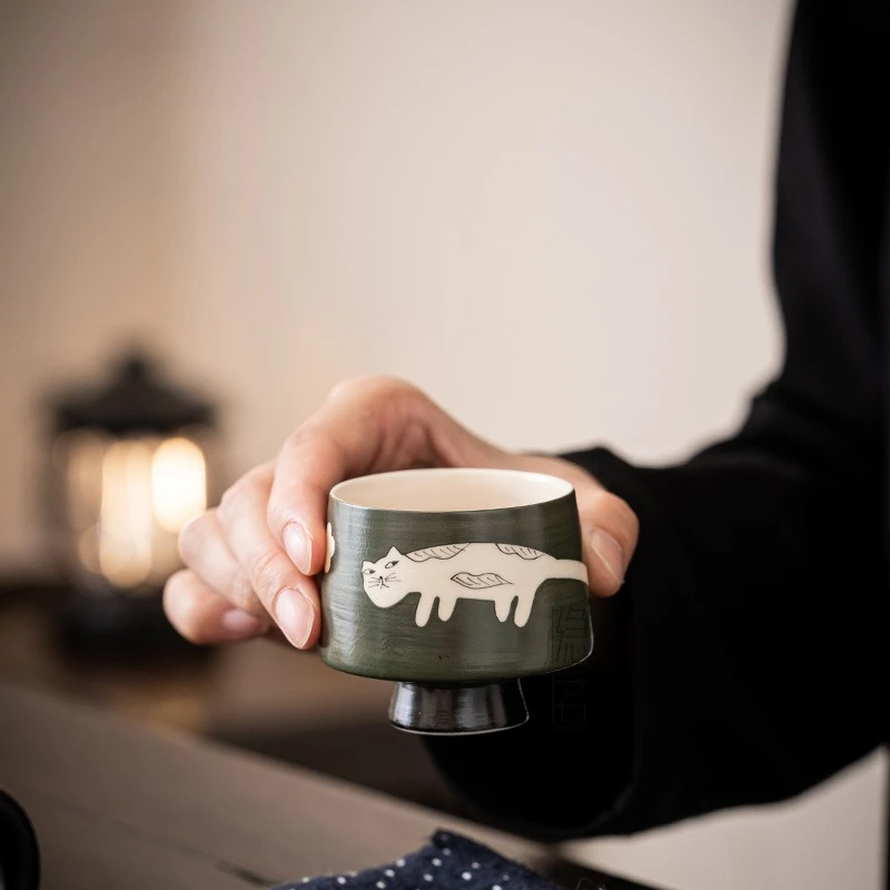 

Hand Painted Cat Ceramic Tea Cup Vintage Style Gongfu Teaware Personal Master Cup for Cozy Home Office Tea Time Gift