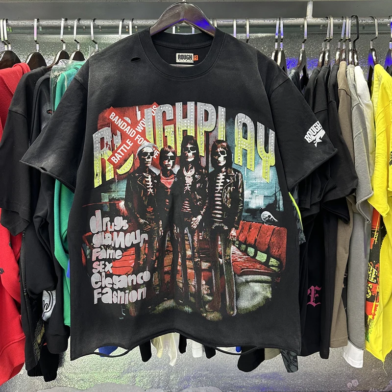 

Мужская и женская уличная футболка грубых игр в стиле хип-хоп с принтом черепа, горячая дрель, сломанное отверстие, старые топы с короткими рукавами ROUGHPLAY, футболки