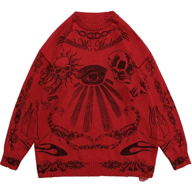 traf 2024 woman Knitted Sweater Harajuku Ukiyo Style Skull Graffiti Pullover Autumn Streetwear Sweater Men Women Clothing Sales