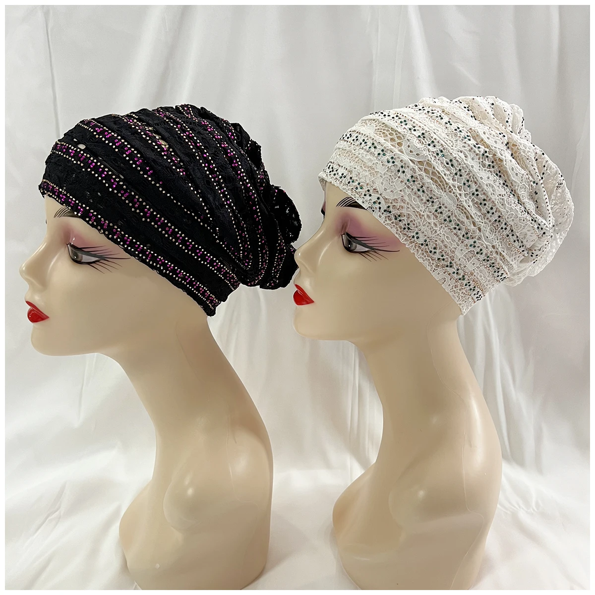 Boné monocromático de strass para mulheres, turbante feminino muçulmano, gorro indiano de cabelo gorro, chapéu de renda quente, ordem por atacado, novo