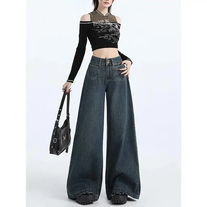 

Women's High Waisted Wide Leg Jeans Vintage Washed Denim Pants Y2K Streetwear