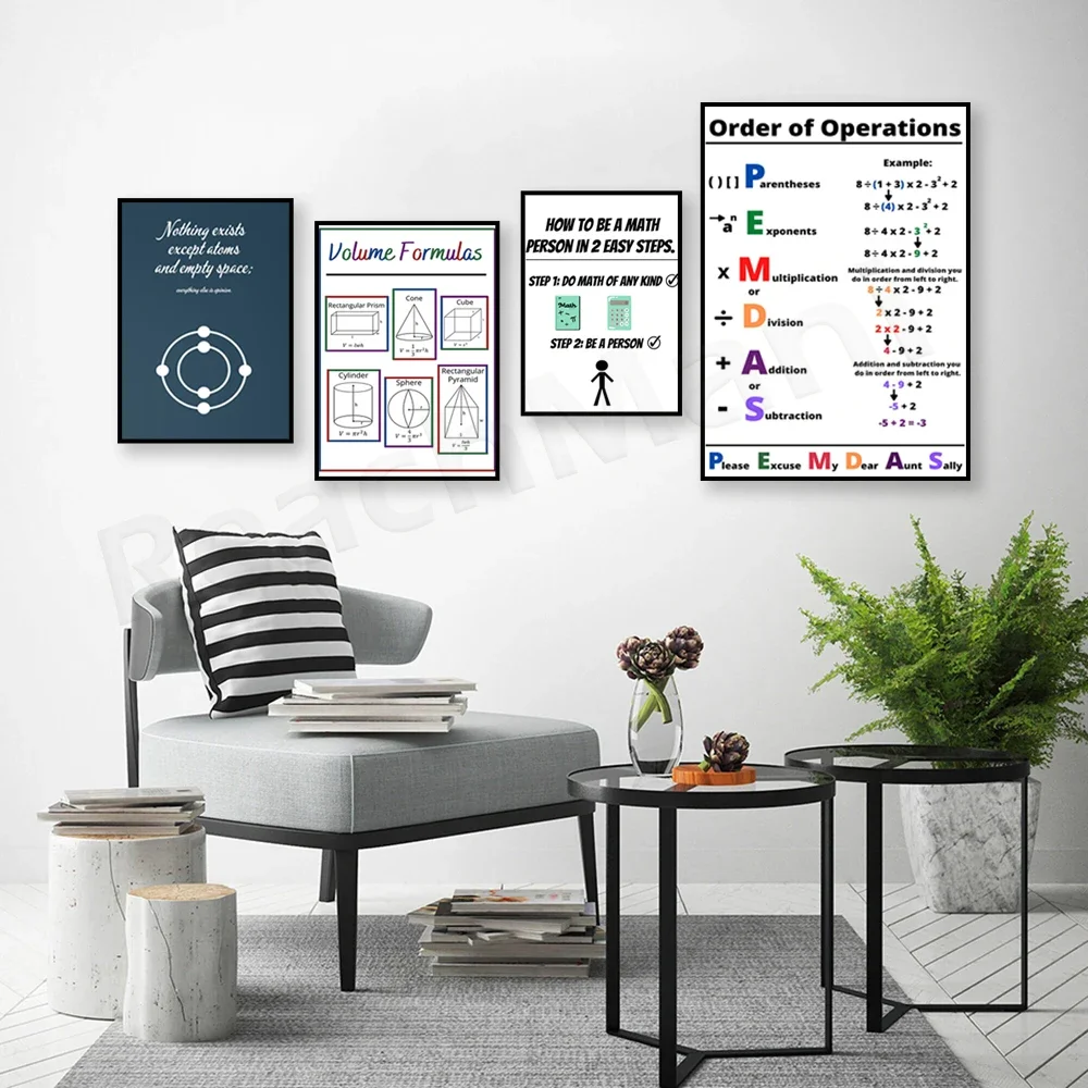 Science quotes atomic elements chemistry art inspirational humor poster, volume formula math poster, order of operations, math