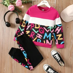 PatPat 2pcs Kid Girl Letter Print Colorblock Sweatshirt and Elasticized Pants Set Perfect for Outings and Daily Wear Basic Style